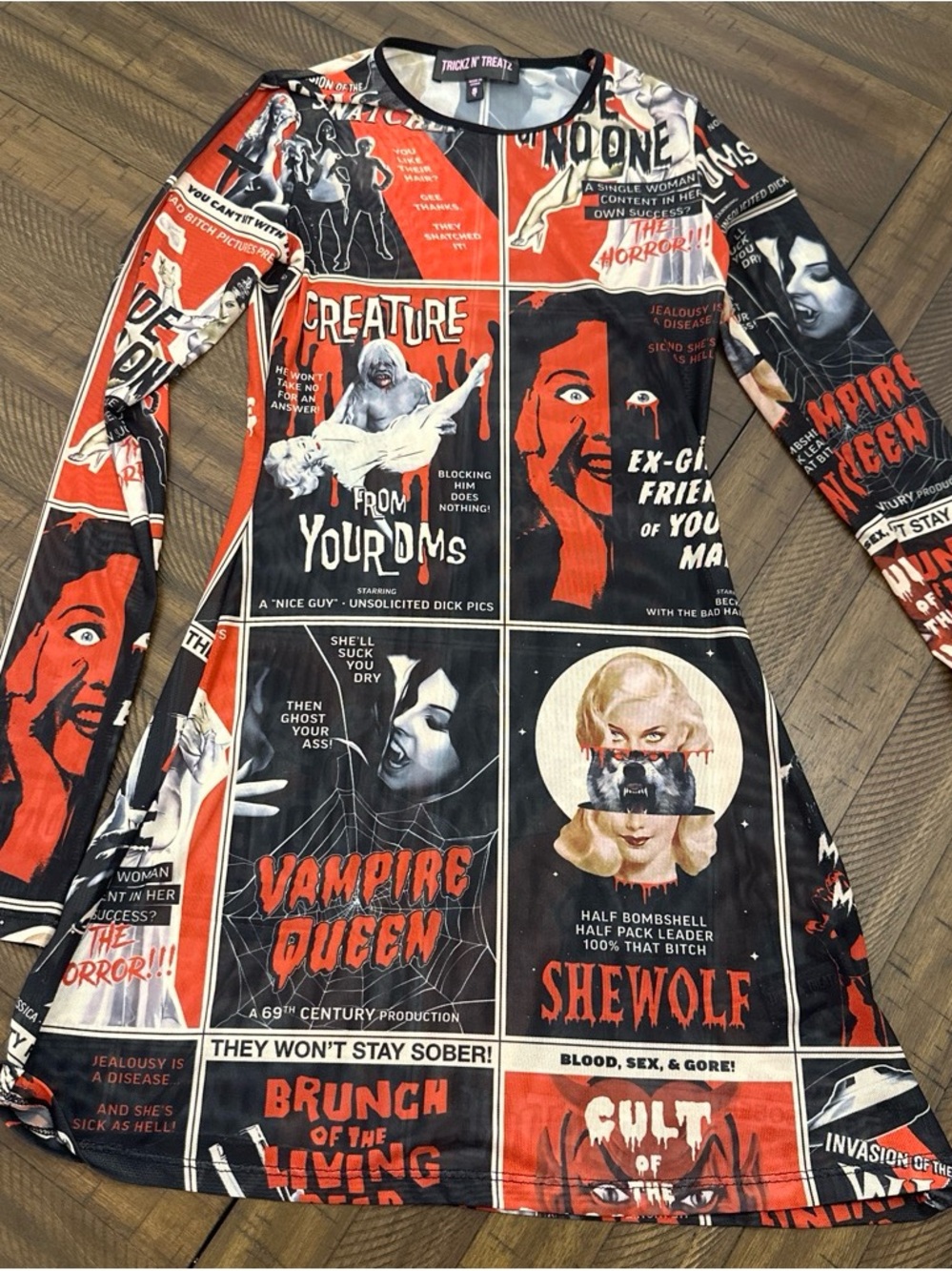 Dolls Kill Vampire Queen Comic Panel Mini Dress - Red, Black, White